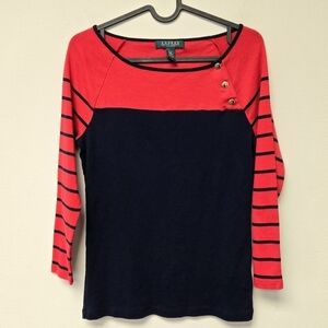 Lauren Ralph Lauren Petite 3/4 Sleeve Stripe Top Red Navy PM
